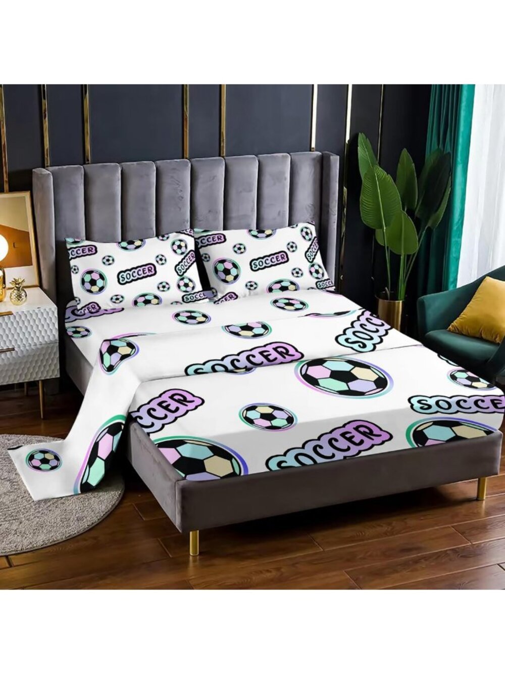 Colorful Soccer Print Twin Bedding Set - 4PCs Sports Themed Sheets for Kids